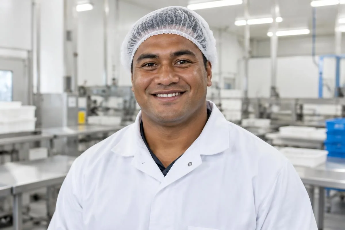 AI-generated fictional Fijian worker in meat-processing workwear, shown as an example intro video